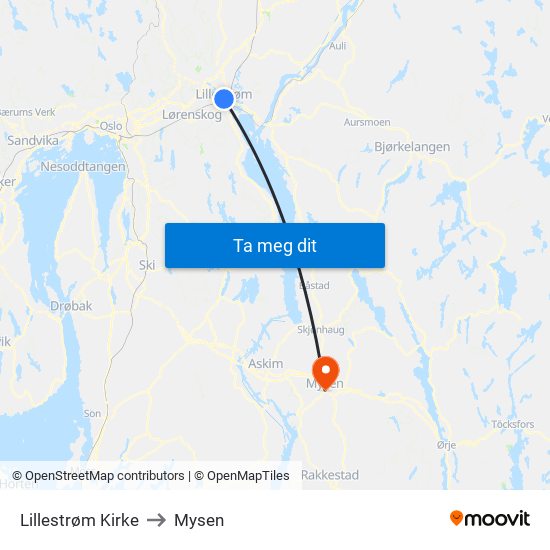 Lillestrøm Kirke to Mysen map