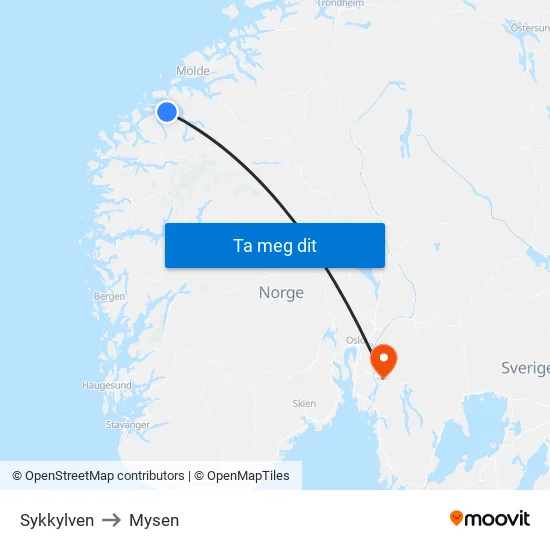 Sykkylven to Mysen map
