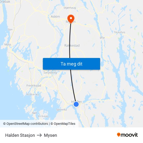 Halden Stasjon to Mysen map