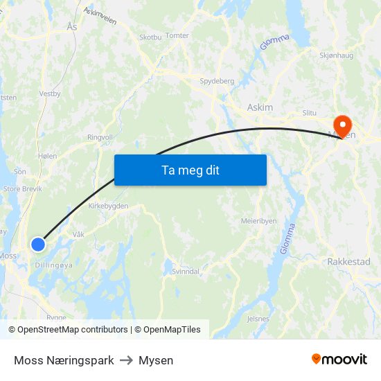 Moss Næringspark to Mysen map