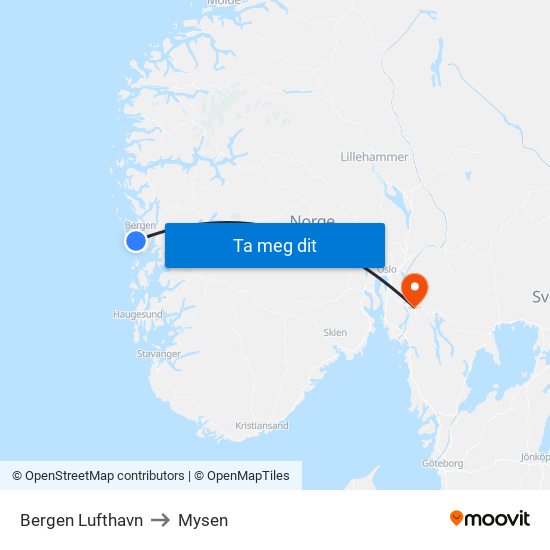 Bergen Lufthavn to Mysen map