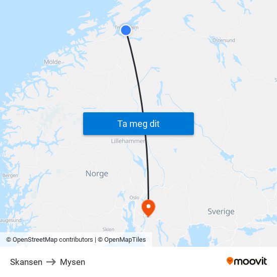 Skansen to Mysen map