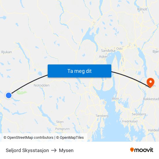 Seljord Skysstasjon to Mysen map