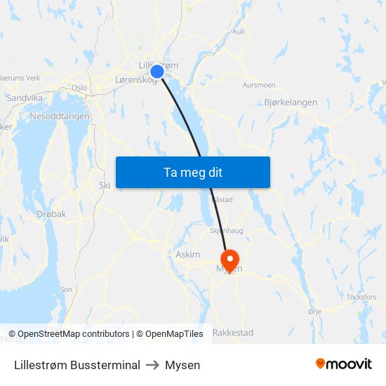 Lillestrøm Bussterminal to Mysen map