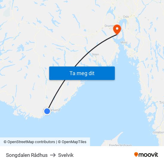 Songdalen Rådhus to Svelvik map