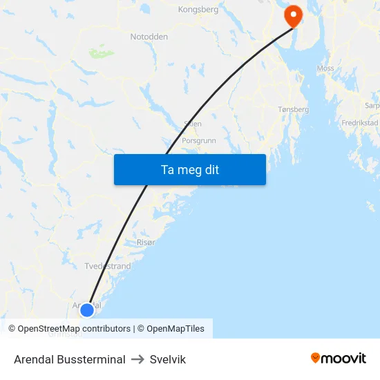 Arendal Bussterminal to Svelvik map