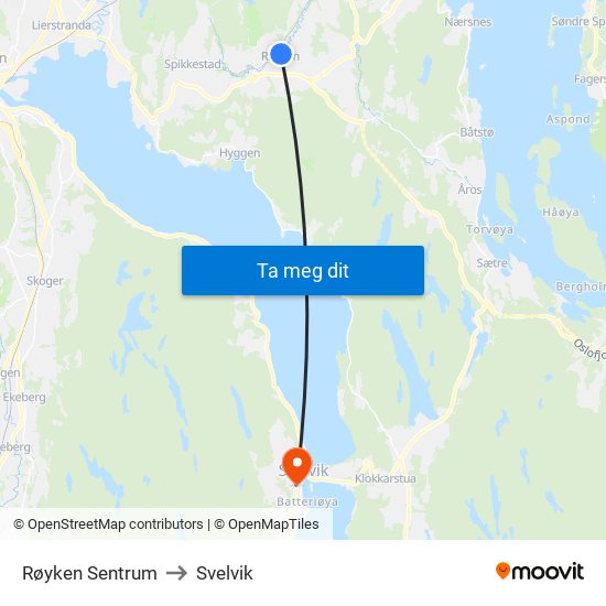 Røyken Sentrum to Svelvik map