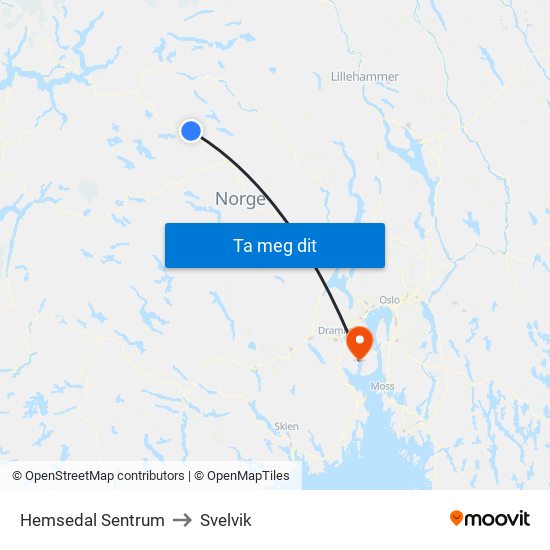 Hemsedal Sentrum to Svelvik map