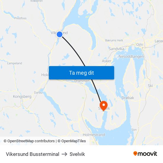Vikersund Bussterminal to Svelvik map