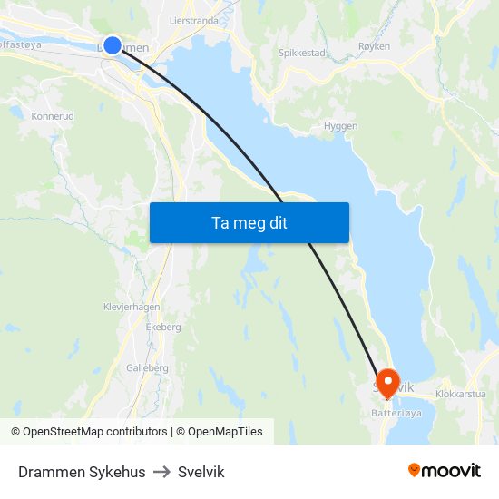 Drammen Sykehus to Svelvik map