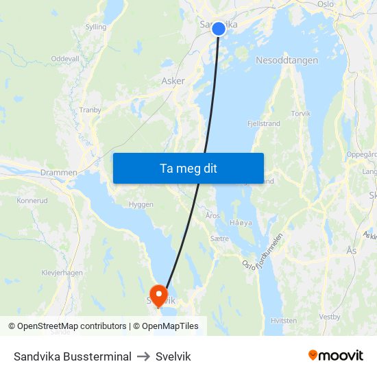 Sandvika Bussterminal to Svelvik map