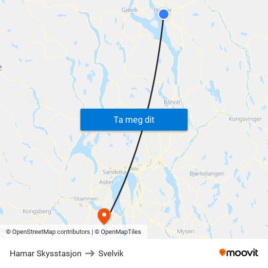 Hamar Skysstasjon to Svelvik map