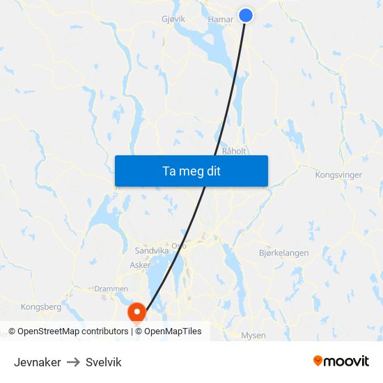 Jevnaker to Svelvik map