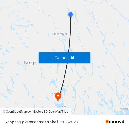 Koppang Øverengsmoen Shell to Svelvik map