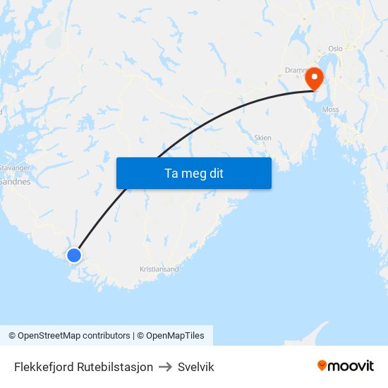 Flekkefjord Rutebilstasjon to Svelvik map