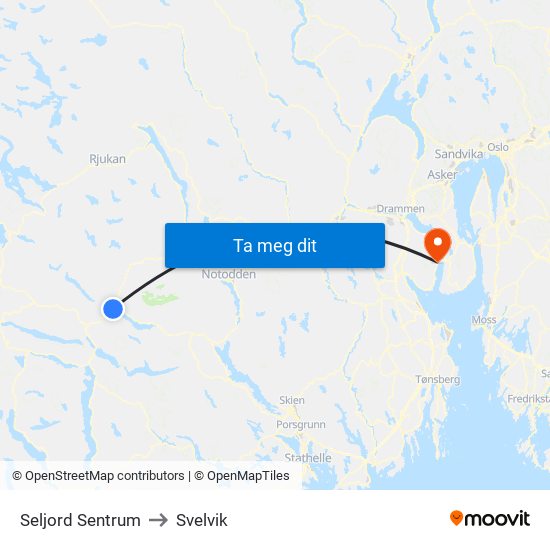 Seljord Sentrum to Svelvik map