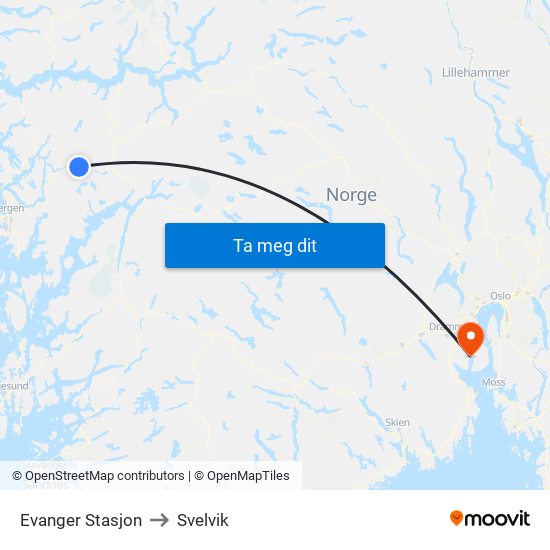 Evanger Stasjon to Svelvik map