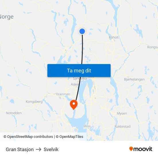 Gran Stasjon to Svelvik map