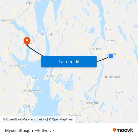 Mysen Stasjon to Svelvik map