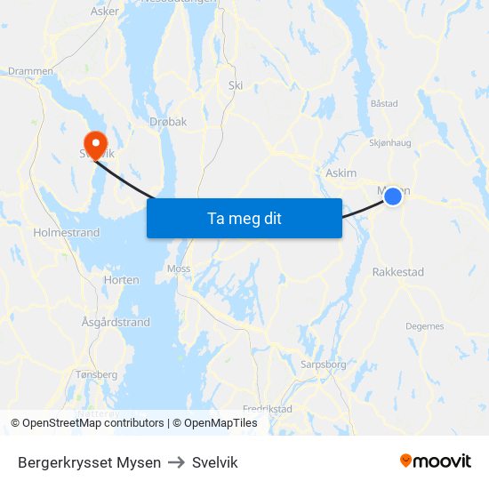 Bergerkrysset Mysen to Svelvik map