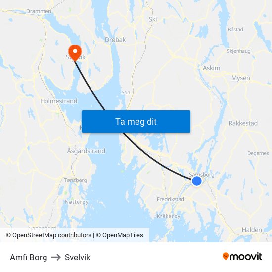 Amfi Borg to Svelvik map