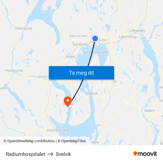 Radiumhospitalet to Svelvik map