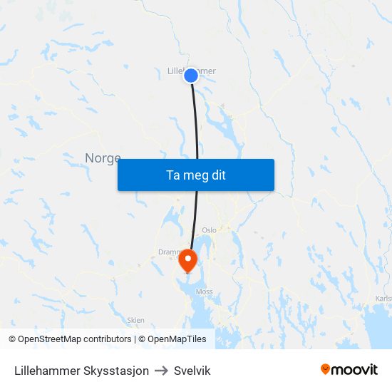 Lillehammer Skysstasjon to Svelvik map