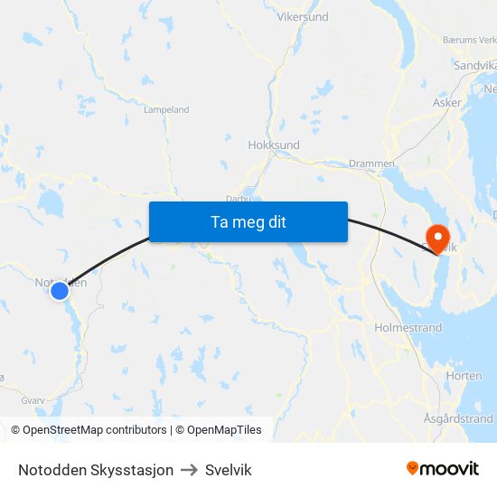 Notodden Skysstasjon to Svelvik map