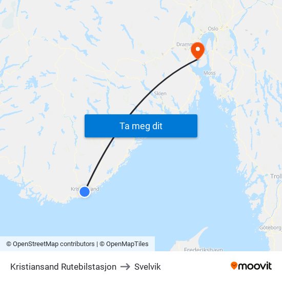Kristiansand Rutebilstasjon to Svelvik map