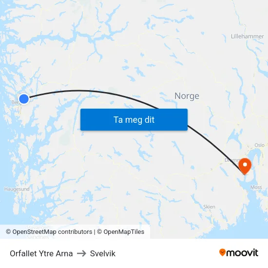 Orfallet Ytre Arna to Svelvik map