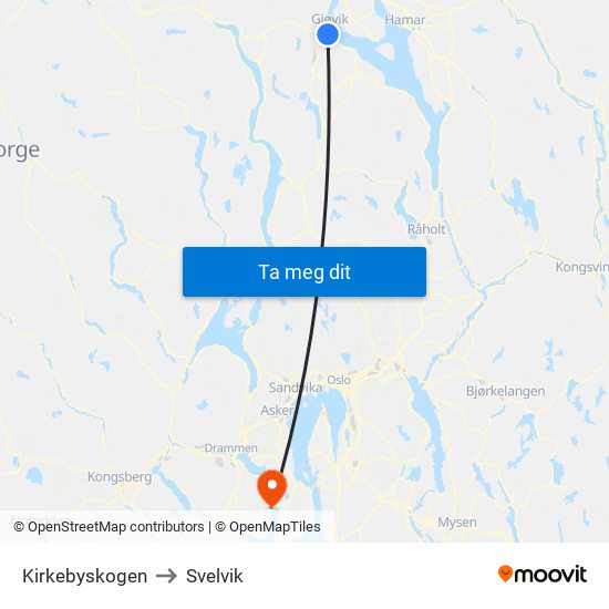 Kirkebyskogen to Svelvik map