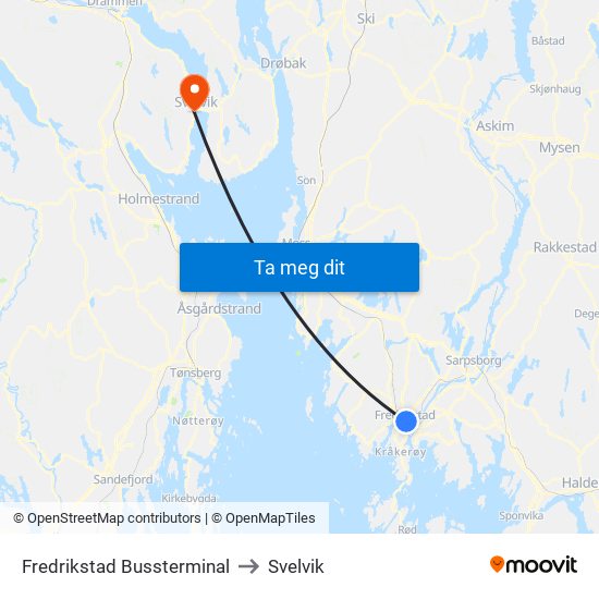 Fredrikstad Bussterminal to Svelvik map
