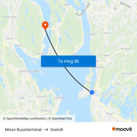 Moss Bussterminal to Svelvik map