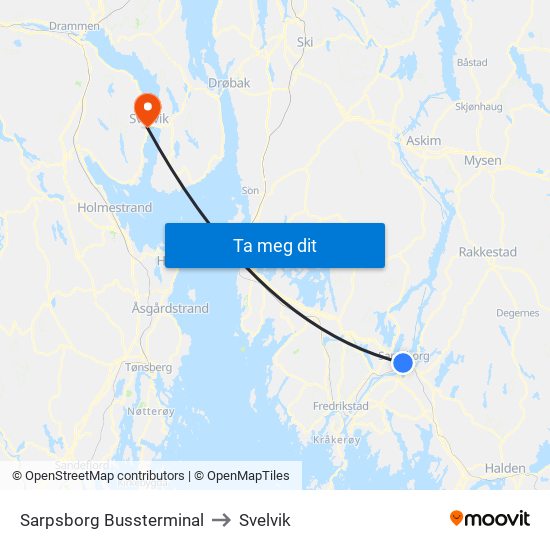 Sarpsborg Bussterminal to Svelvik map