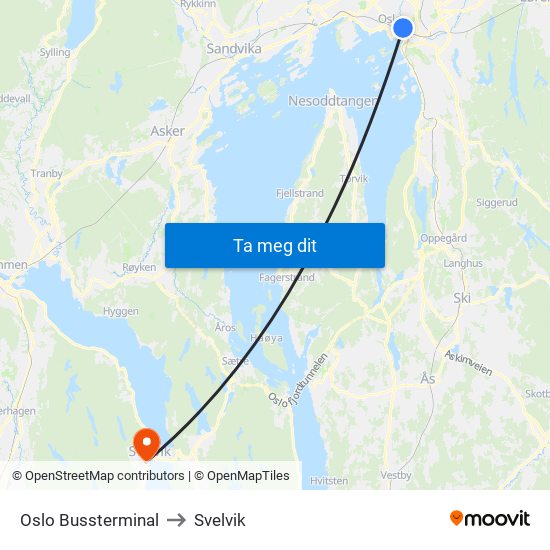 Oslo Bussterminal to Svelvik map