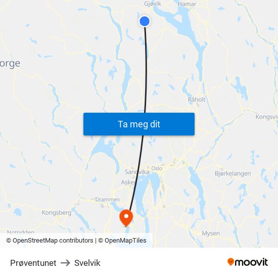 Prøventunet to Svelvik map