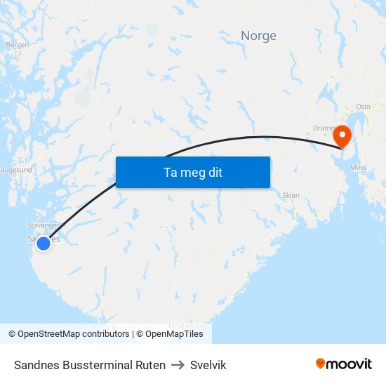 Sandnes Bussterminal Ruten to Svelvik map