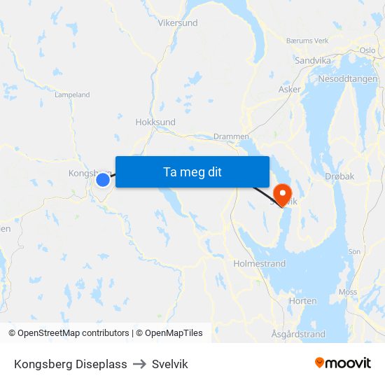 Kongsberg Diseplass to Svelvik map