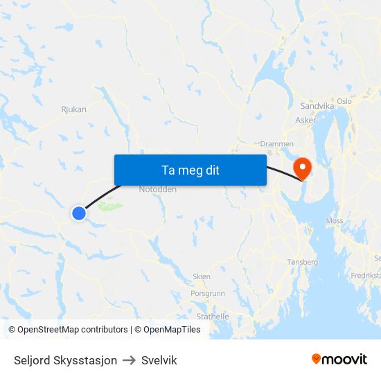 Seljord Skysstasjon to Svelvik map
