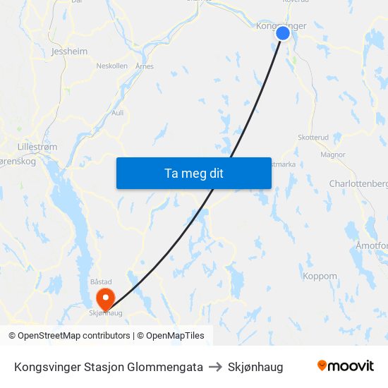 Kongsvinger Stasjon Glommengata to Skjønhaug map