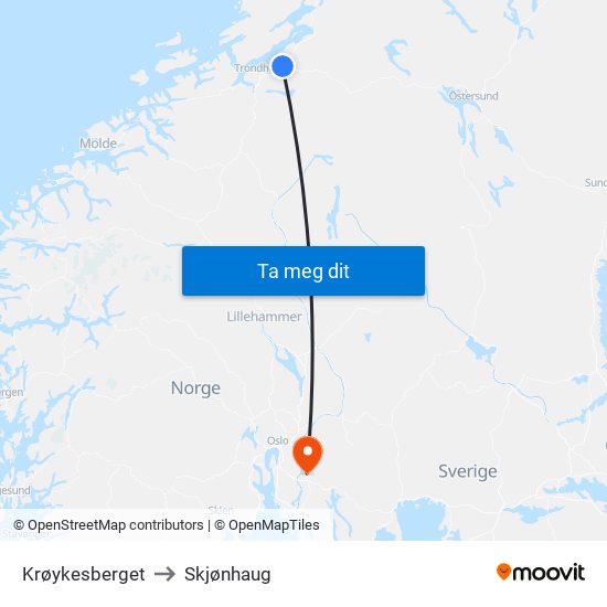 Krøykesberget to Skjønhaug map