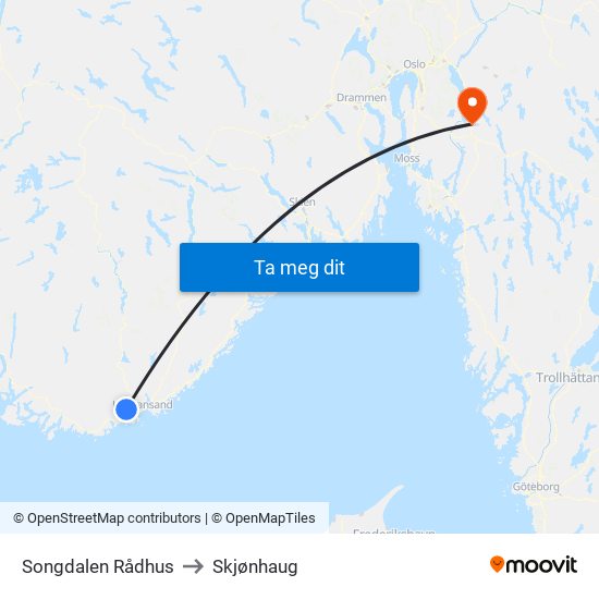 Songdalen Rådhus to Skjønhaug map