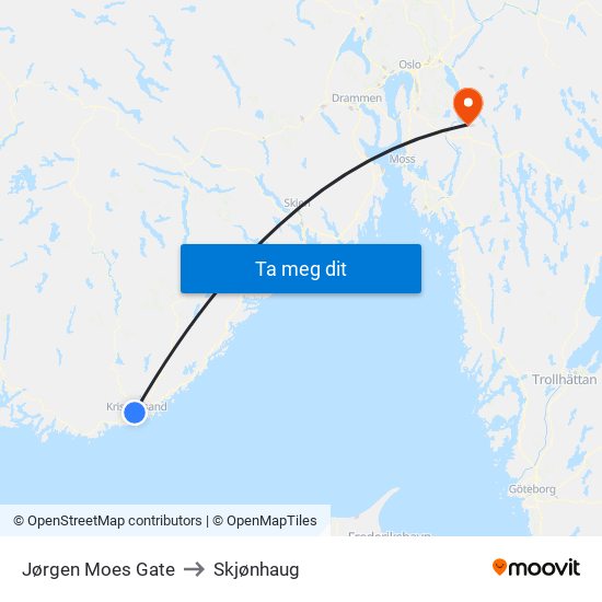 Bryggeriet to Skjønhaug map