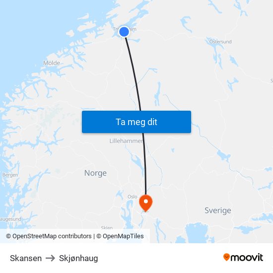 Skansen to Skjønhaug map