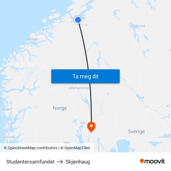 Studentersamfundet to Skjønhaug map