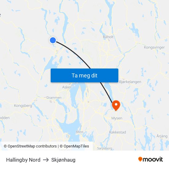 Hallingby Nord to Skjønhaug map