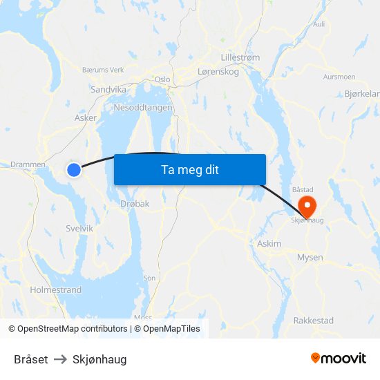 Bråset to Skjønhaug map