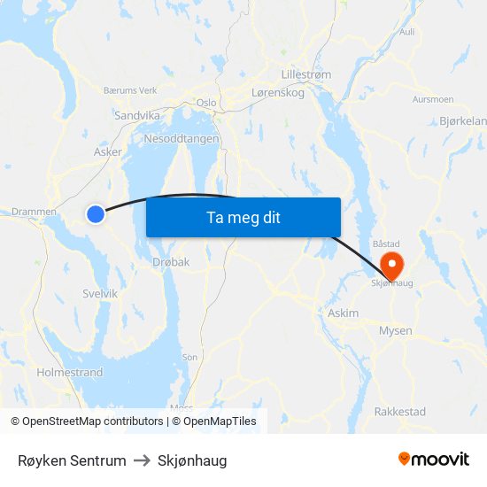 Røyken Sentrum to Skjønhaug map