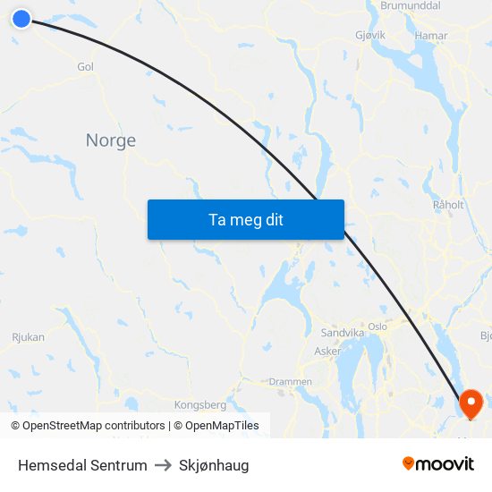 Hemsedal Sentrum to Skjønhaug map
