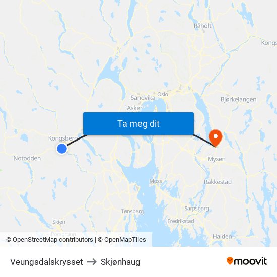 Veungsdalskrysset to Skjønhaug map